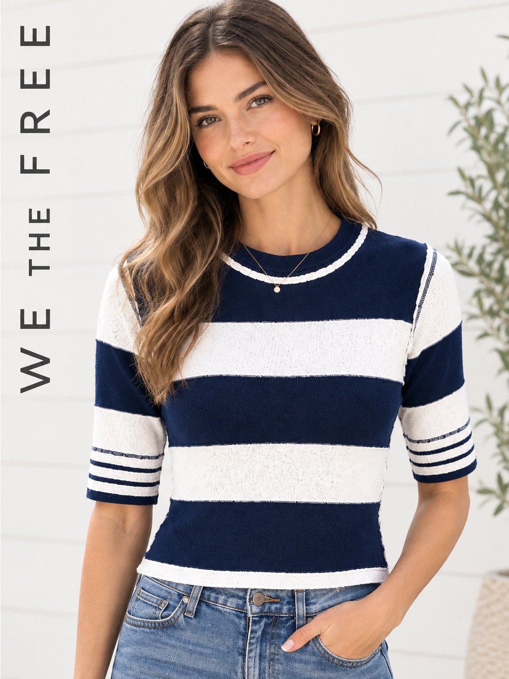 FREE PEOPLE 100% Cotton We The Free Collection-Navy & White Striped Sweater